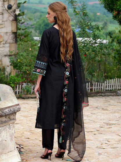 Floral Embroidered Tie-Up Neck Thread Work Straight Kurta With Trousers & Dupatta