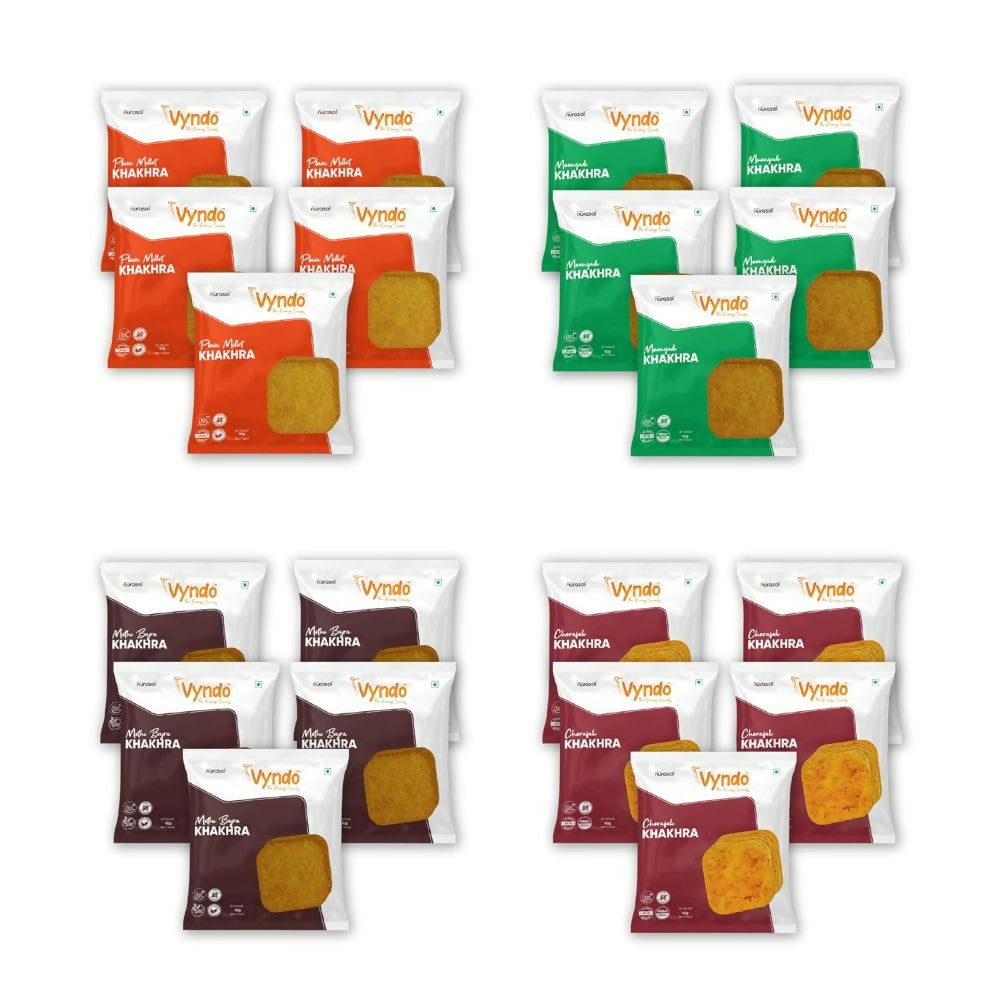 Vyndo gluten-free Khakhra combo featuring crispy North Indian snacks in various flavors, packaged in a colorful box.