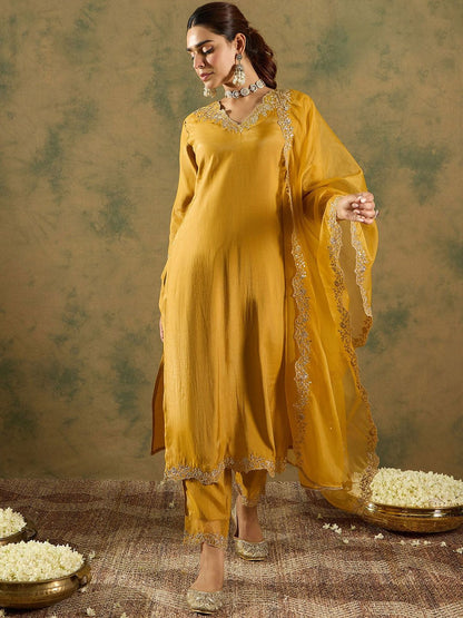 Floral Embroidered Kurta With Trousers & Dupatta