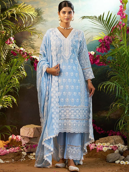 Women Ethnic Motifs Embroidered Regular Chikankari Pure Cotton Kurta with Palazzos & With Dupatta
