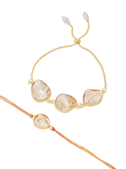 Anouk Set Of 2 Gold Toned Pearls Bhaiya Bhabhi Rakhi With Roli Chawal Chandan Mishri