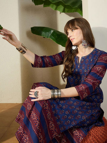 Dhiyona IE Printed Round Neck Pure Cotton Tunic With Trousers