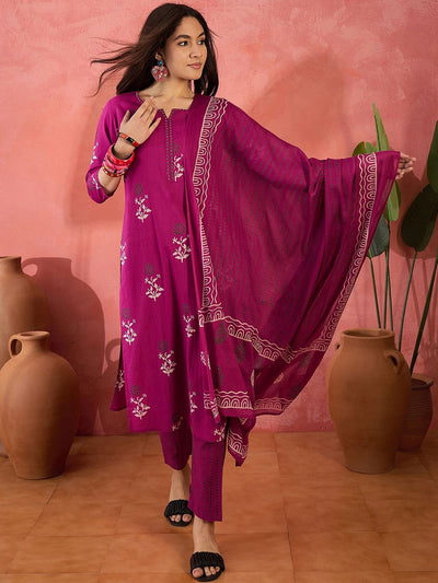Indyancart SN Women's Floral Printed Pure Cotton Kurta & Trousers With Dupatta