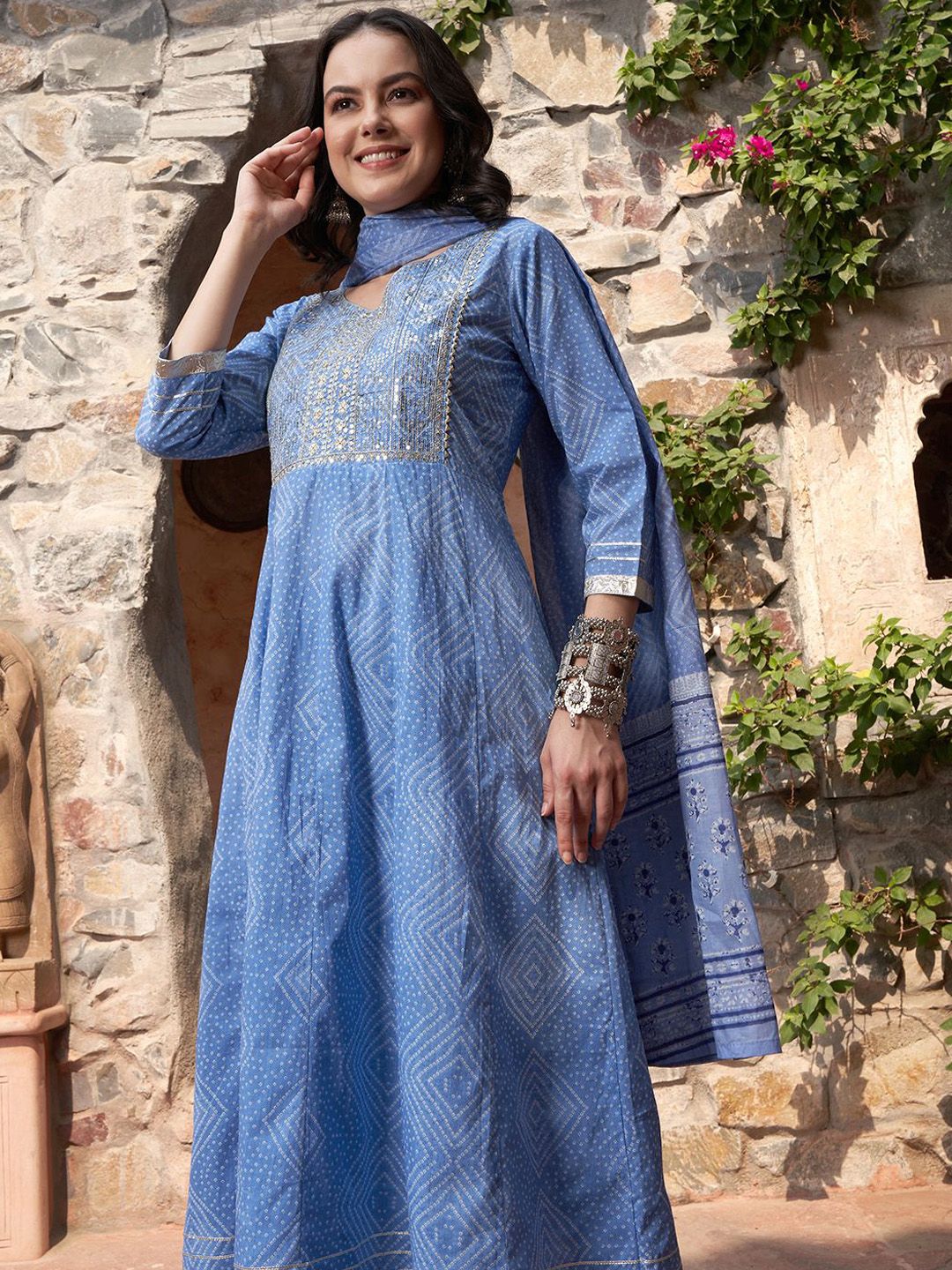 Indyancart SN Women's Blue Bandhani Printed V Neck Pure Cotton Anarkali Kurta With Trouser And Dupatta