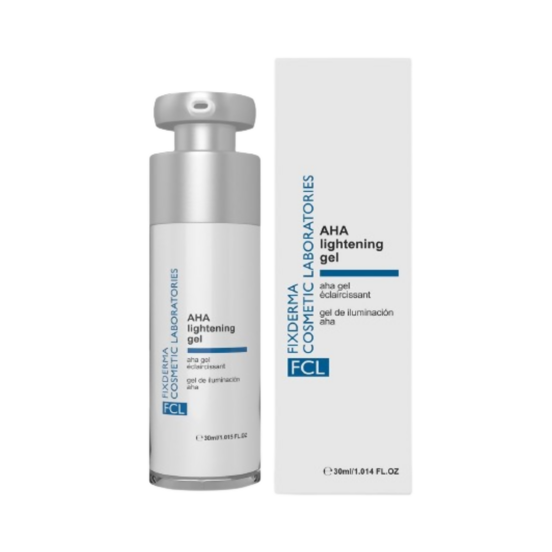 FCL Aha Lightening Gel Serum bottle with clear gel inside, showcasing a skincare serum for brightening and exfoliating.