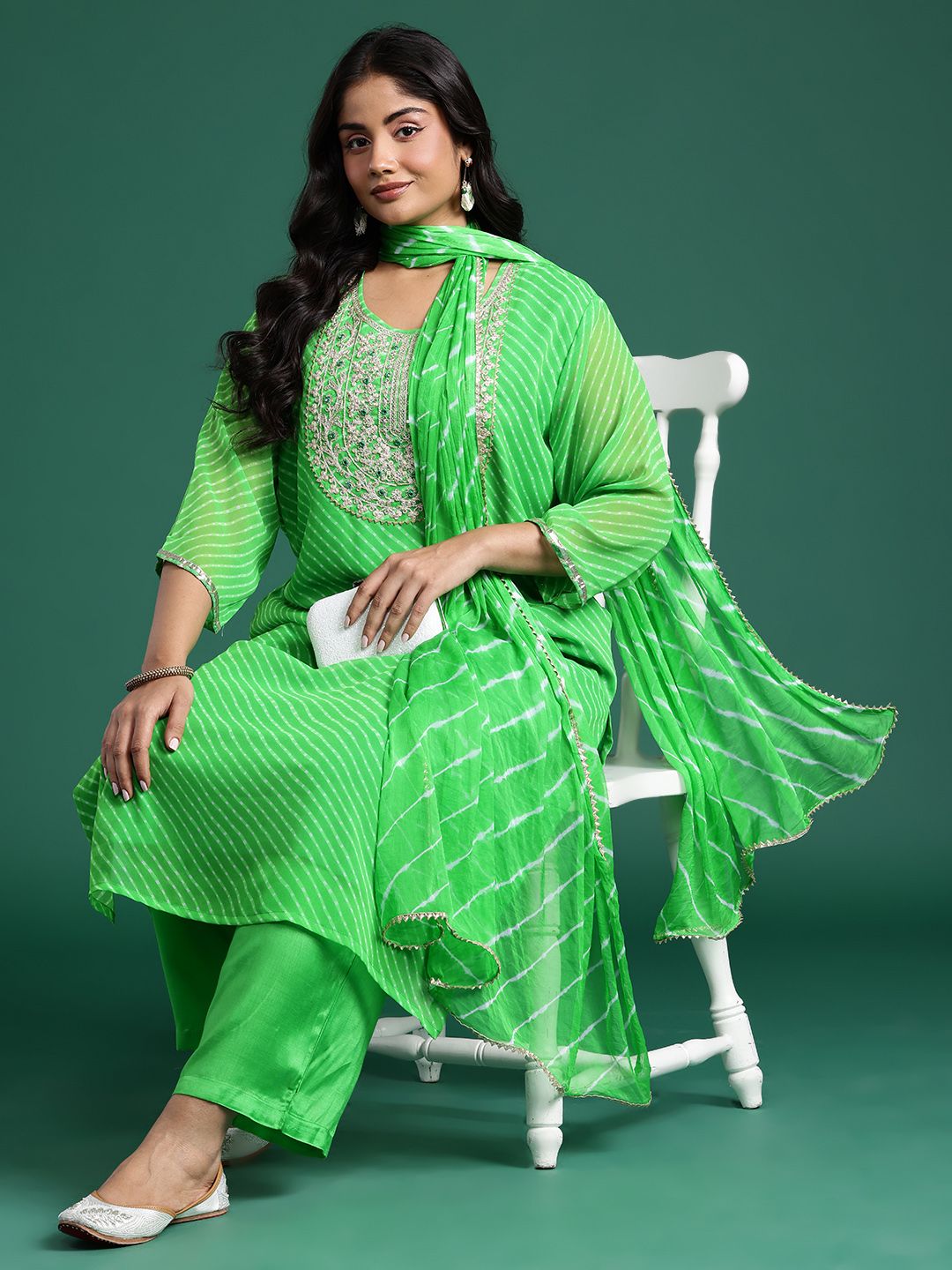 Indyancart Women's Leheriya Printed Mirror Work Kurta with Palazzos & Dupatta