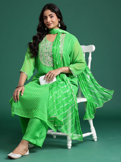 Indyancart Women's Leheriya Printed Mirror Work Kurta with Palazzos & Dupatta