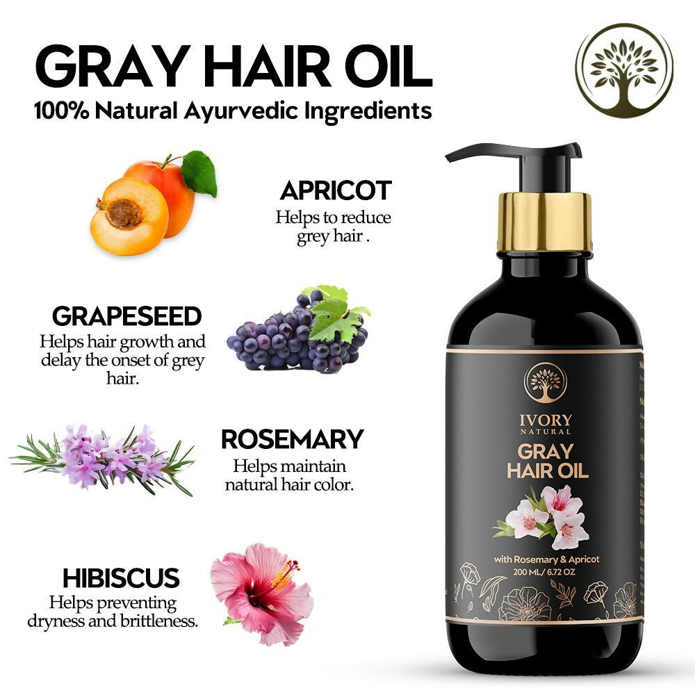 Ivory Natural gray hair oil restore with natural black shine, featuring a bottle of hair oil for healthy, glossy hair.