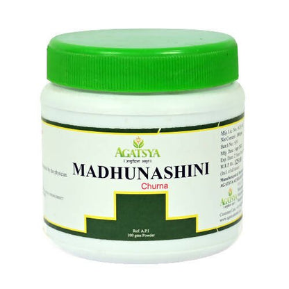 Agatsya Madhunashini Churna in a glass jar, showing the herbal powder with a label featuring the Agatsya brand name.