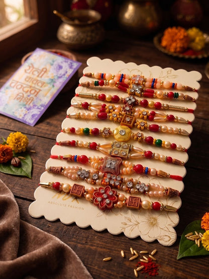 Anouk Set Of 10 Multicolor Designer Thread Rakhi With Roli Chawal Chandan Mishri
