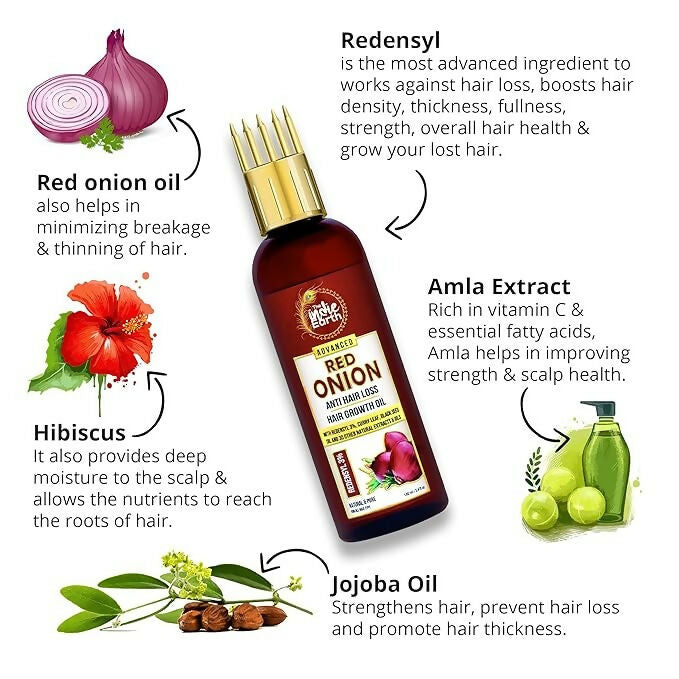 The Indie Earth Redensyl Red Onion Hair Oil bottle, highlighting anti-hair loss and hair growth benefits in a sleek packaging.