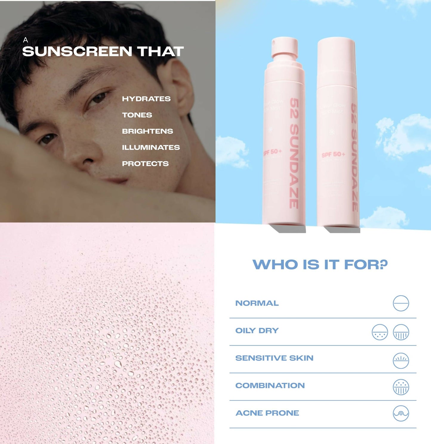 Brightly colored 52 Sundaze Rosewater Sunscreen Mist SPF 50+ spray bottle with clear glow label, designed for skin protection.