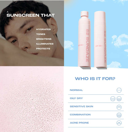 Brightly colored 52 Sundaze Rosewater Sunscreen Mist SPF 50+ spray bottle with clear glow label, designed for skin protection.
