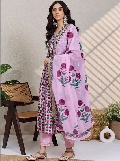 Women Floral Printed Panelled Pure Cotton Kurta with Trousers & With Dupatta