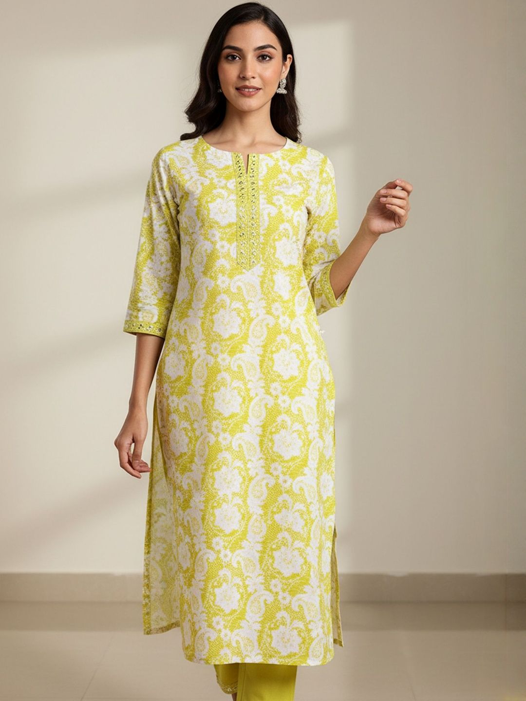 Floral Printed Round Neck Thread Work Pure Cotton Straight Kurta With Trouser