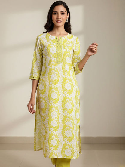 Floral Printed Round Neck Thread Work Pure Cotton Straight Kurta With Trouser