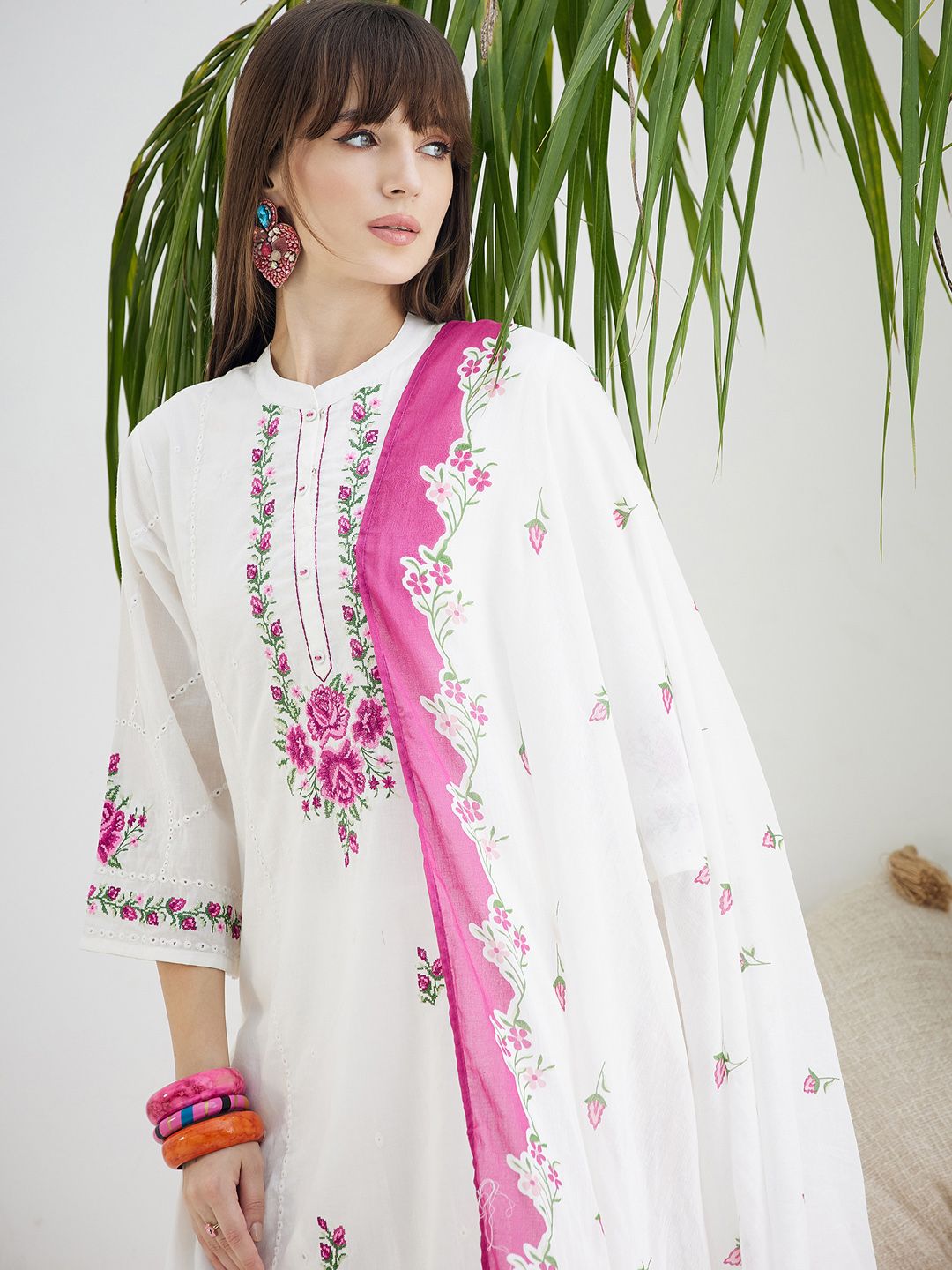 Floral Embroidered Thread Work Pure Cotton Kurta With Trousers & Dupatta