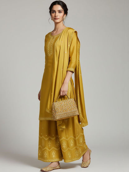 Indyancart VA Women Ethnic Motifs Embroidered Regular Thread Work Silk Crepe Kurta with Palazzos & With Dupatta