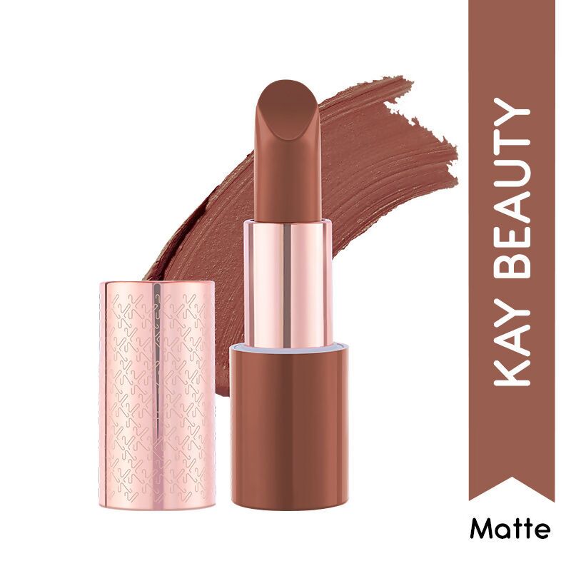 Kay Beauty Matte Drama Long Stay Lipstick in Dialogue, close-up of vibrant lipstick shade on sleek tube.
