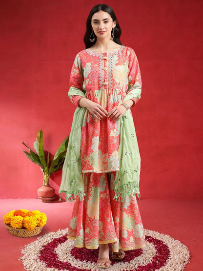 Indyancart VA Women Floral Printed Empire Mirror Work Kurta With Sharara & Dupatta