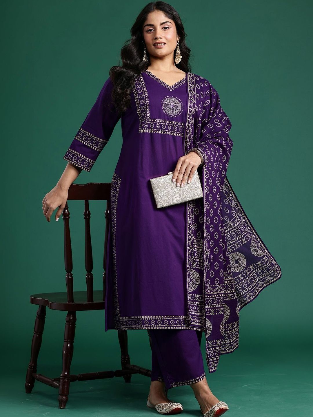 Indyancart Women's Ethnic Motifs Printed Regular Mirror Work Pure Cotton Kurta with Trousers & With Dupatta