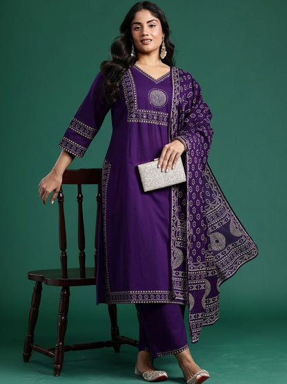 Indyancart Women's Ethnic Motifs Printed Regular Mirror Work Pure Cotton Kurta with Trousers & With Dupatta