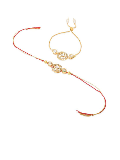 Anouk Set Of 2 Gold Toned Kundan Bhaiya Bhabhi Rakhi With Roli Chawal Chandan Mishri