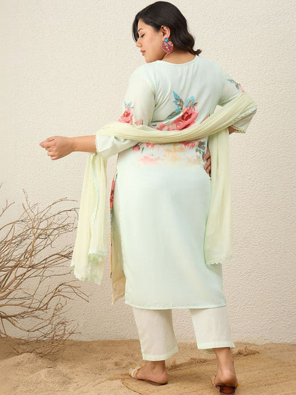 Indyancart Women's Floral Printed Regular Kurta with Trousers & With Dupatta