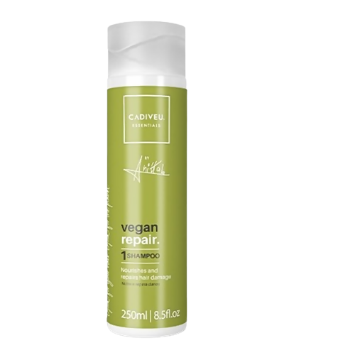 Cadiveu Vegan Repair Shampoo bottle with label, featuring a sleek design and natural ingredients for damaged hair repair.