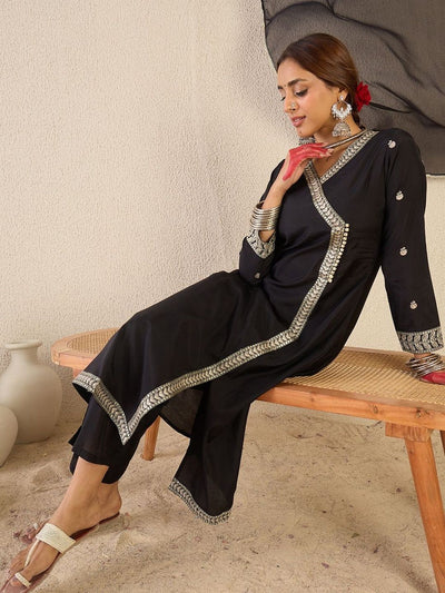 Indyancart IE Women Ethnic Motifs Embroidered Angrakha Thread Work Kurta with Trousers & With Dupatta