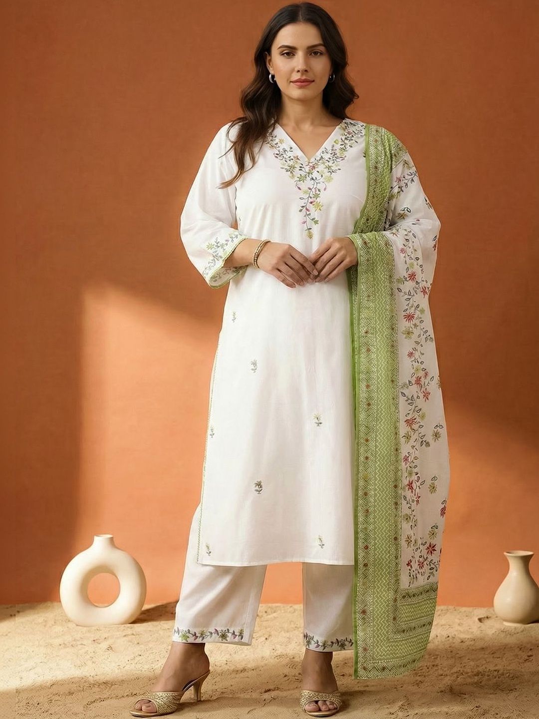 Indyancart Women's Floral Embroidered Regular Thread Work Pure Cotton Kurta with Trousers & With Dupatta