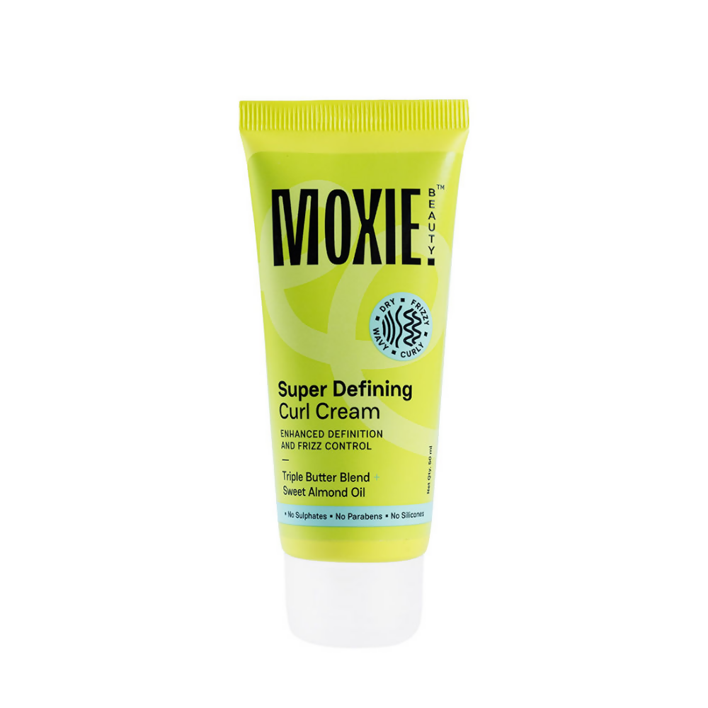 Moxie Beauty Super Defining Curl Cream for hair, shown in a jar with a smooth, creamy texture and curly hair background.