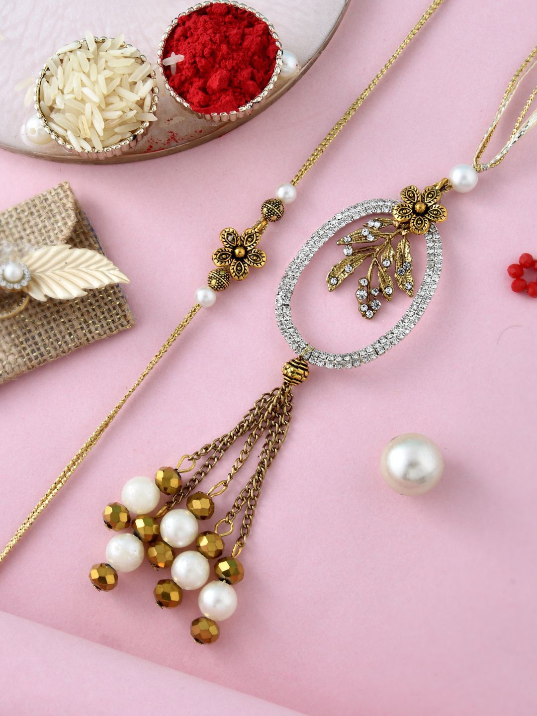 Anouk Embellished Bhaiya Bhabhi Rakhi With Roli Chawal & Greeting Card