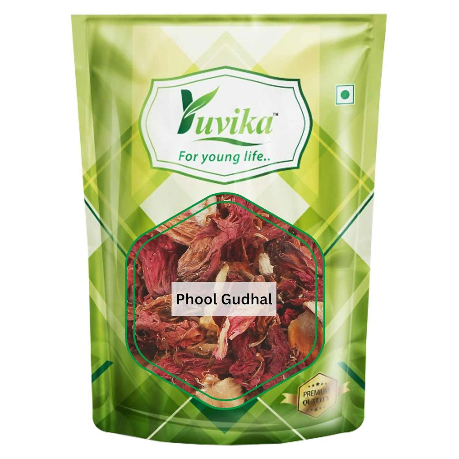 Yuvika Jaswand Hibiscus flower in a vibrant bloom, used in Ayurvedic products, with bright red petals and green leaves.