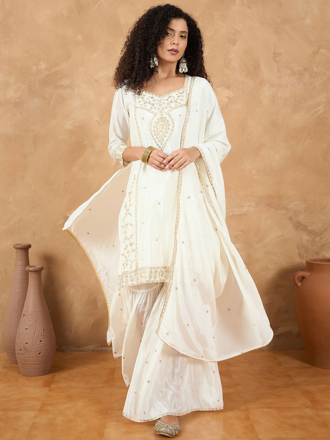 Indyancart VA Women Ethnic Motifs Embroidered Regular Kurta & Sharara With Dupatta