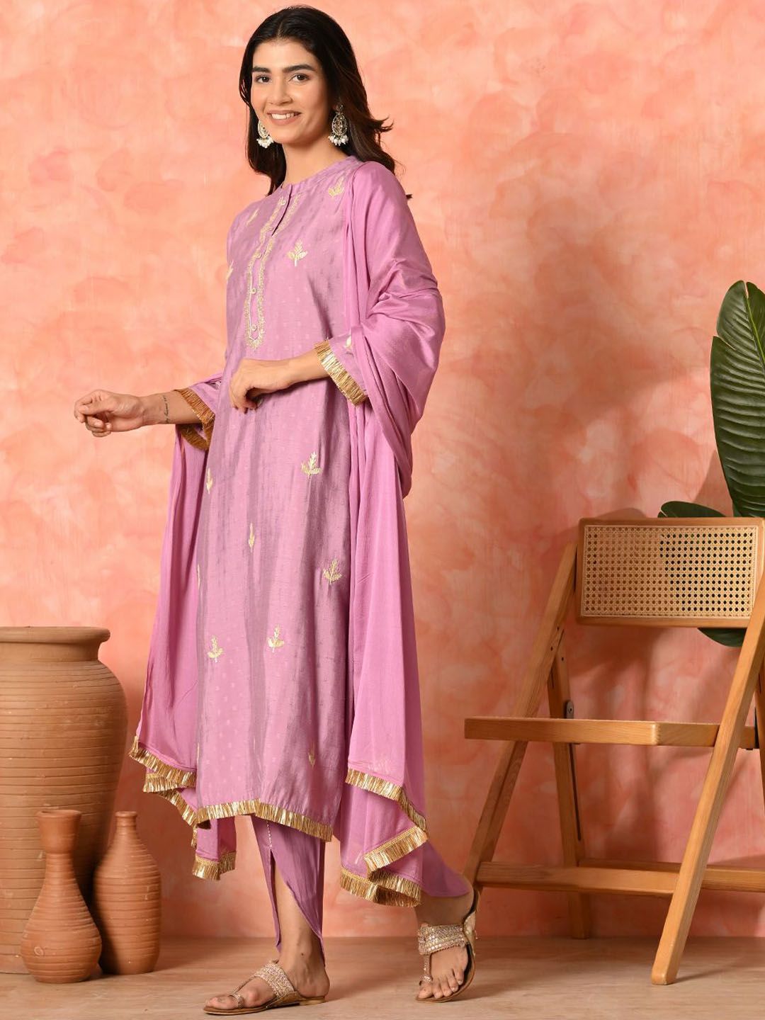 Indyancart SN Women's Solid Embroidered Kurta with Dhoti Pant & Dupatta