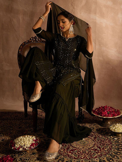 Indyancart IE Ethnic Motifs Embroidered Sequinned Straight Kurta With Sharara & Dupatta