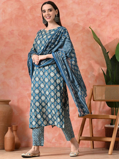 Indyancart SN Women's Printed A-Line Kurta With Trousers & Dupatta