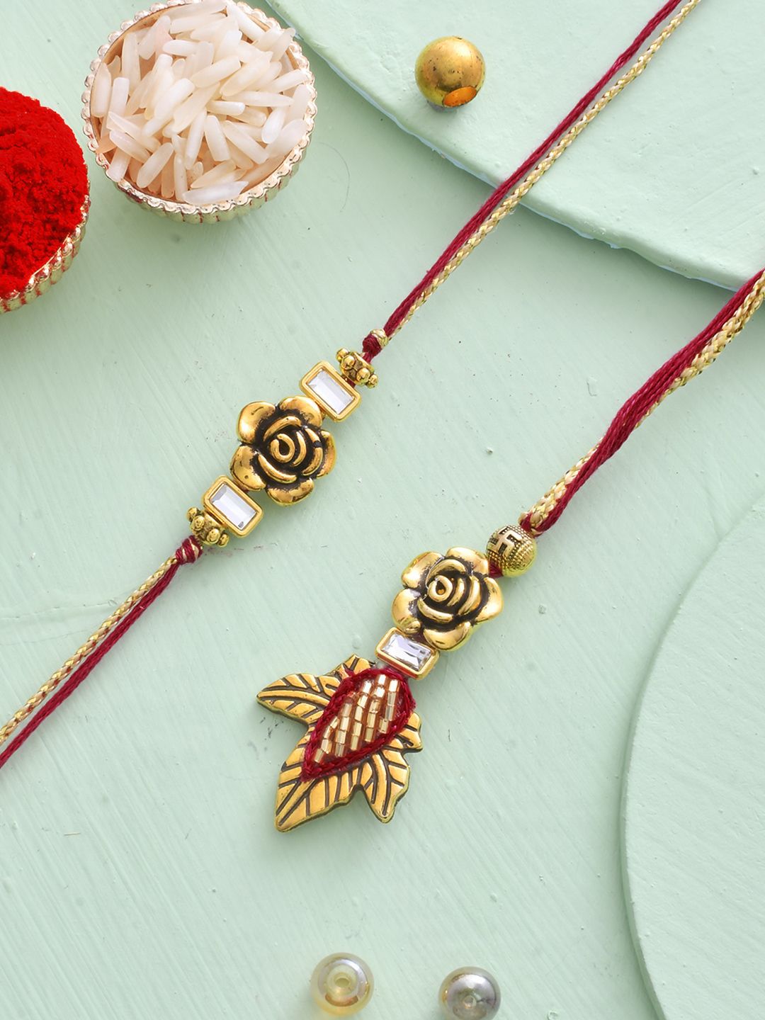 Anouk Gold-Toned Beaded Bhaiya Bhabhi Thread Rakhi