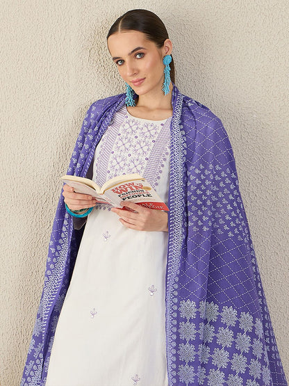 Women Ethnic Motifs Embroidered Regular Thread Work Pure Cotton Kurta with Trousers & With Dupatta