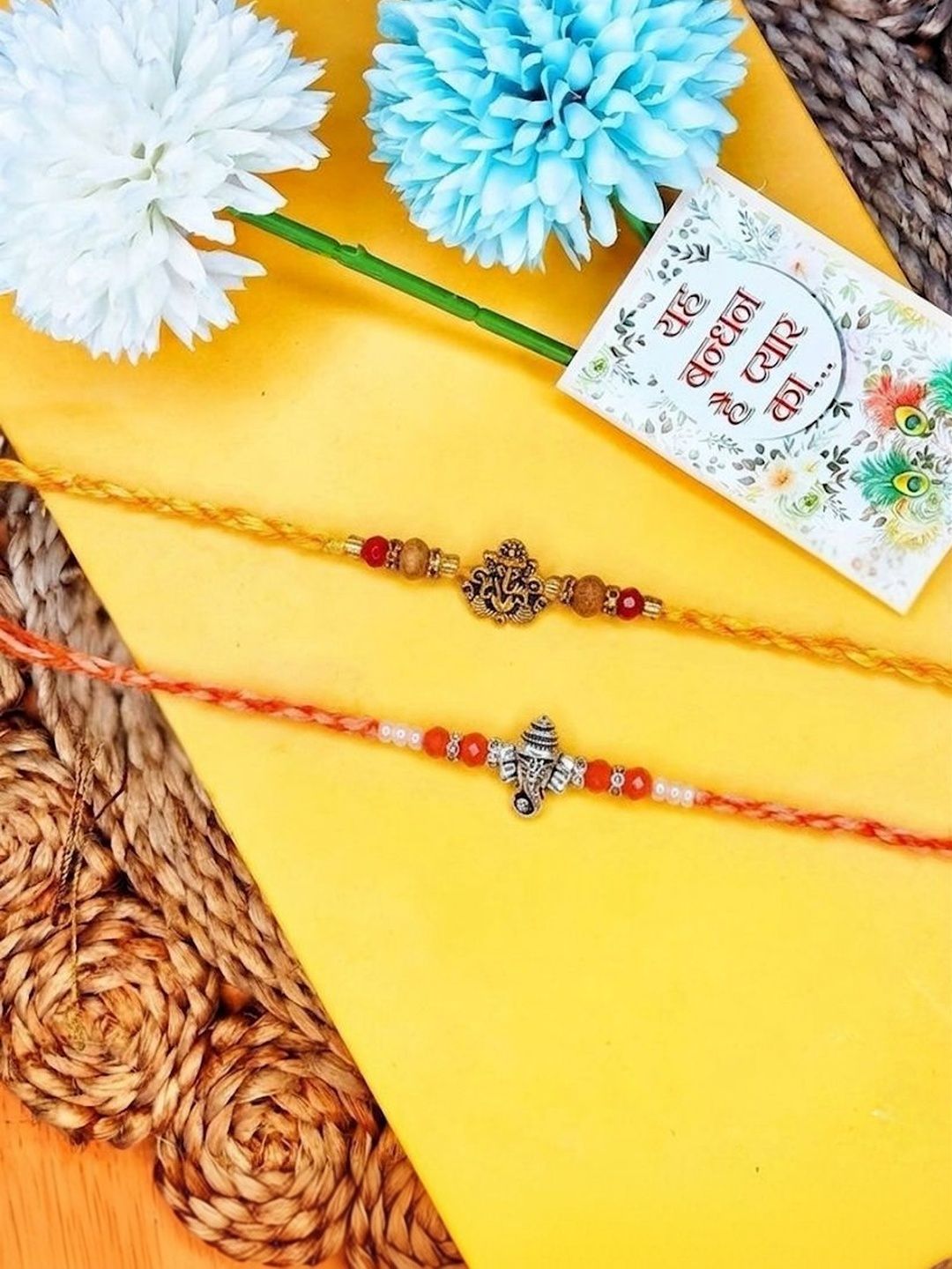 Anouk Set Of 2 Multicolor Religious Thread Rakhi With Roli Chawal Chandan Mishri