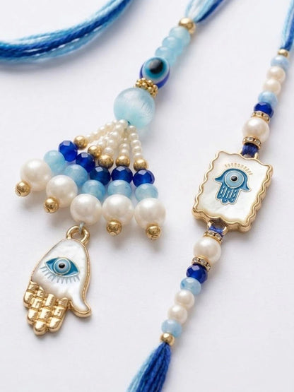 Anouk Set Of 2 Evil Eye Hand Design Bhaiya Bhabhi Rakhi With Roli Chawal Chandan Mishri