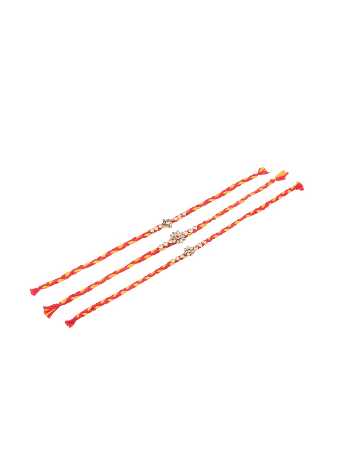 Anouk Men Set Of 3 Red & Yellow Kundan Studded Floral Design Thread Rakhi With Roli Chawal