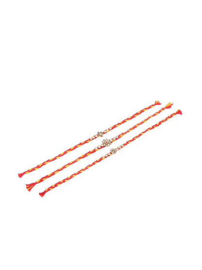 Anouk Men Set Of 3 Red & Yellow Kundan Studded Floral Design Thread Rakhi With Roli Chawal