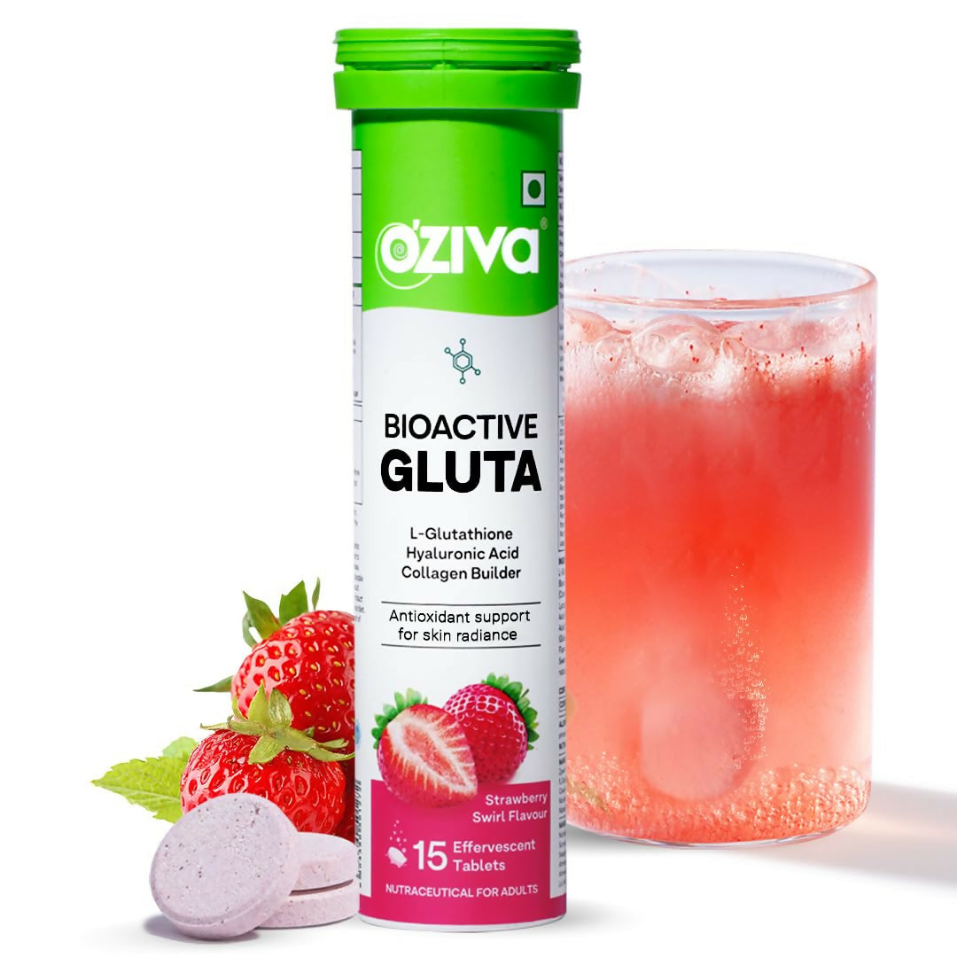 OZiva Bioactive Gluta Fizzy Effervescent Tablets for skin health, showing the colorful tablets dissolving in a glass of water.