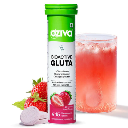 OZiva Bioactive Gluta Fizzy Effervescent Tablets for skin health, showing the colorful tablets dissolving in a glass of water.