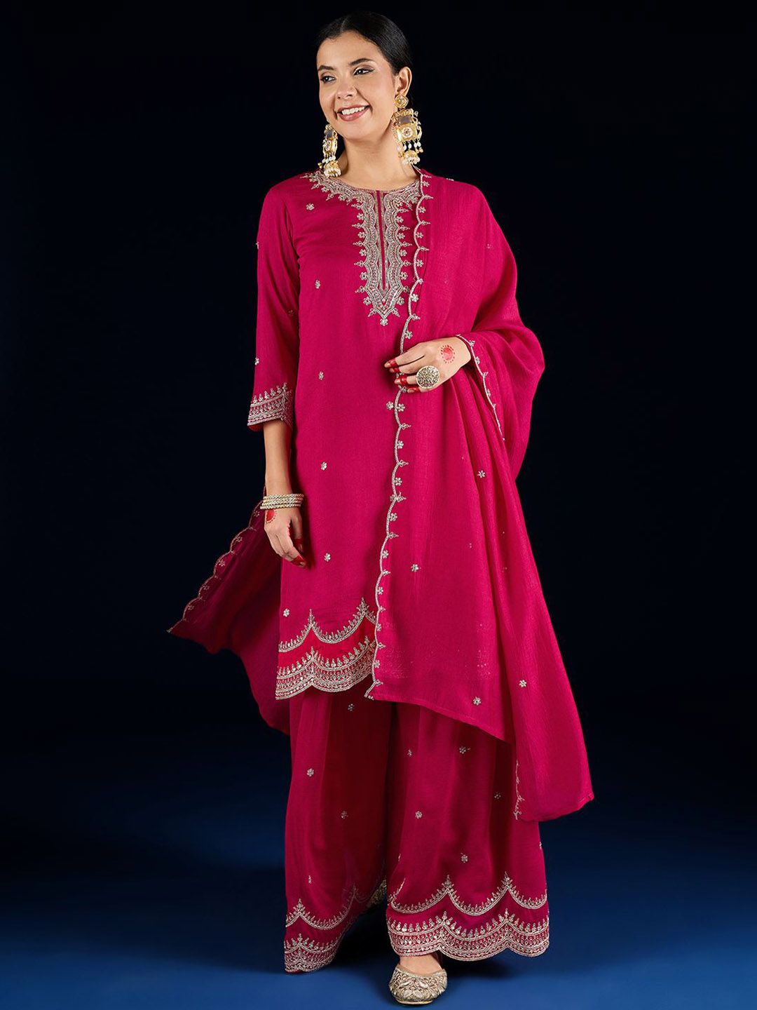 Indyancart VA Women Ethnic Motifs Embroidered Kurta with Sharara & Dupatta