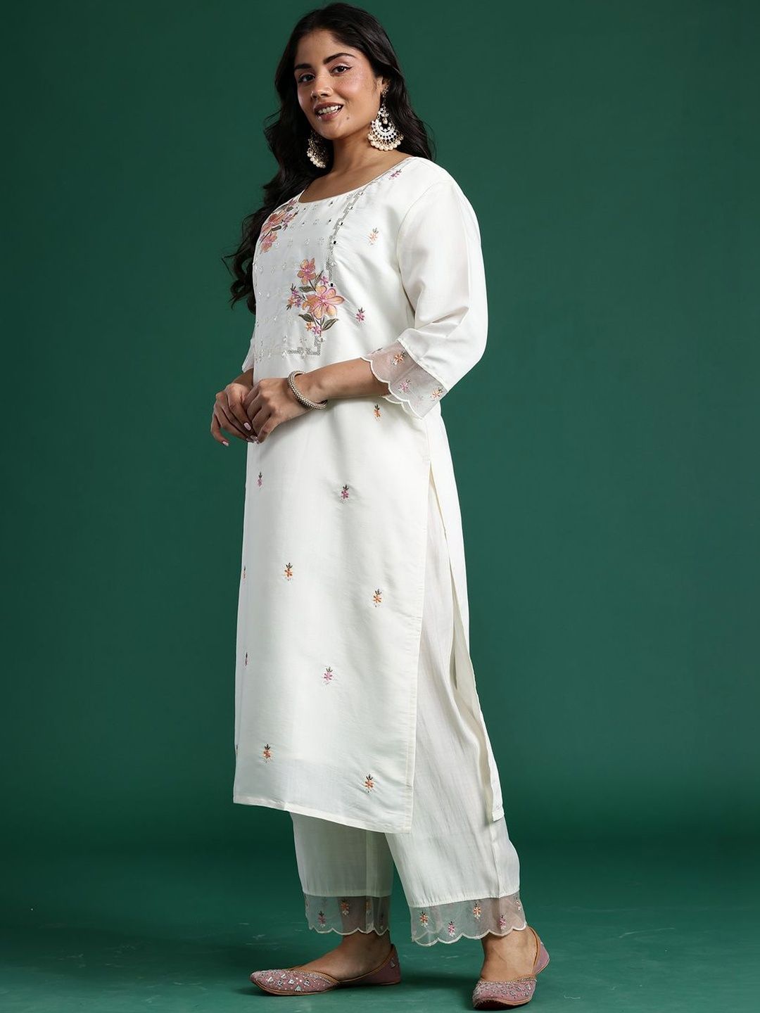 Indyancart Women's Floral Embroidered Regular Mirror Work Kurta with Trousers & With Dupatta