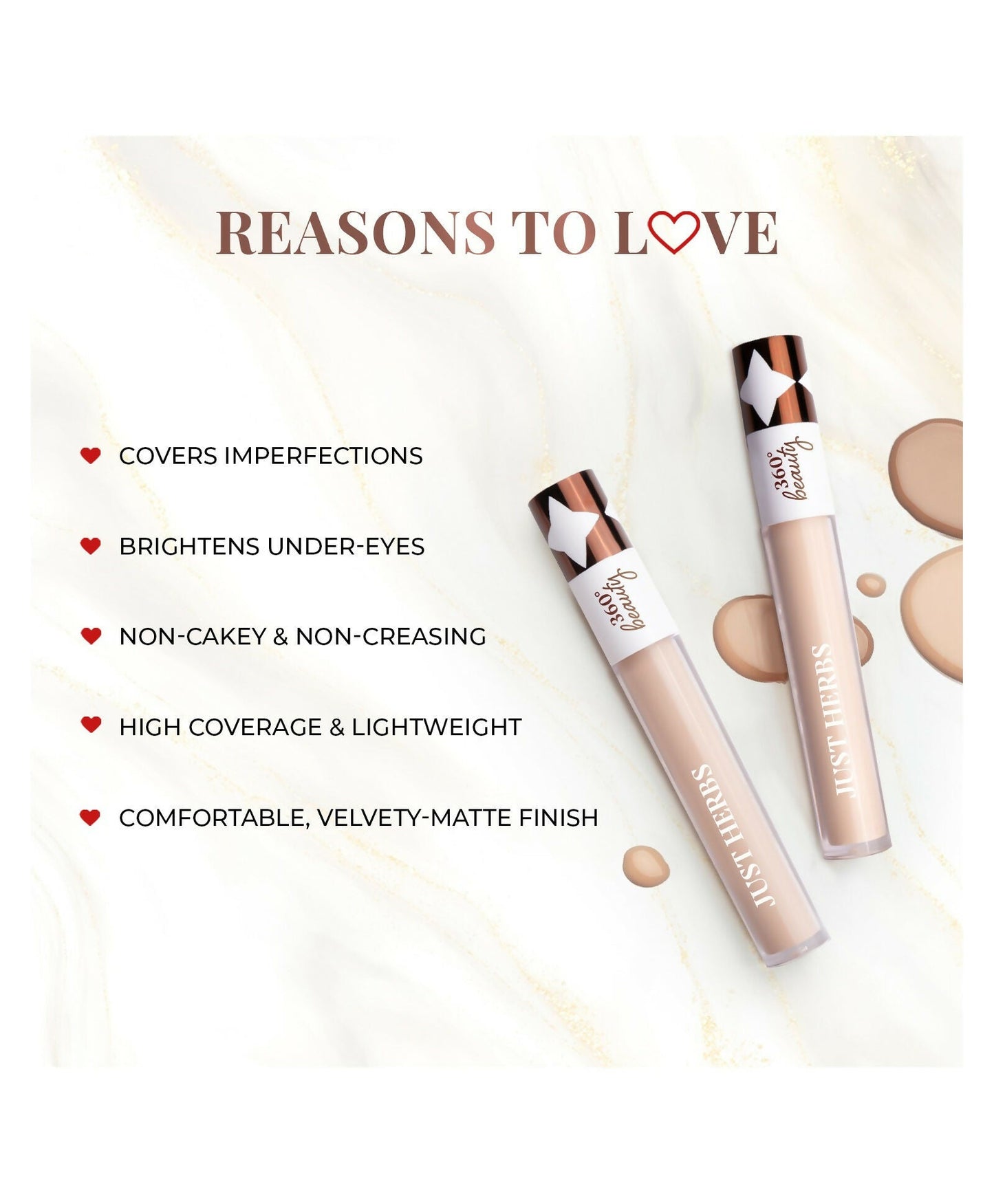Just Herbs full cover concealer in shade 06 Beige with Kumkumadi and rice starch, showing the concealer tube and applicator.