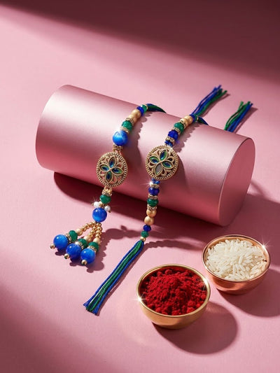 Dhiyona Set Of 2 Blue Artificial Beads Morpankh Style Bhaiya Bhabhi Rakhi With Roli Chawal